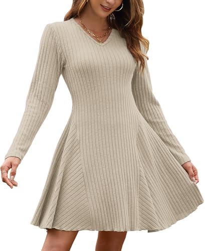 AUSELILY Herbstkleid Damen Leichte Strickkleid A Linie Langarm Kleid Herbst V Ausschnitt Winterkleid Elegant Pulloverkleid Aprikose L von AUSELILY