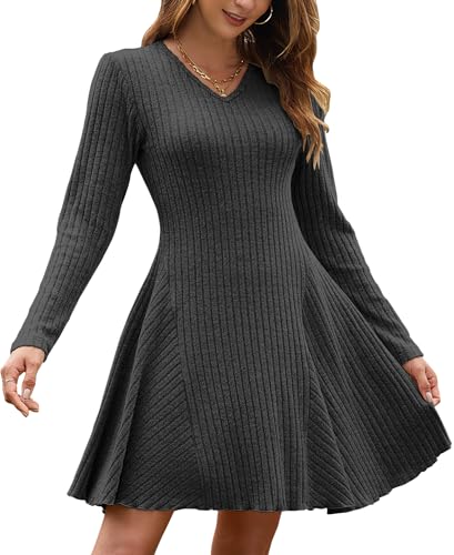 AUSELILY Herbstkleid Damen Leichte Strickkleid A Linie Langarm Kleid Herbst V Ausschnitt Winterkleid Elegant Pulloverkleid Dunkelgrau XL von AUSELILY