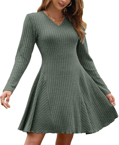 AUSELILY Herbstkleid Damen Leichte Strickkleid A Linie Langarm Kleid Herbst V Ausschnitt Winterkleid Elegant Pulloverkleid Dunkelgrün M von AUSELILY