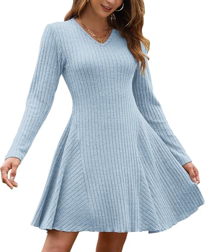 AUSELILY Herbstkleid Damen Leichte Strickkleid A Linie Langarm Kleid Herbst V Ausschnitt Winterkleid Elegant Pulloverkleid Himmelblau L von AUSELILY