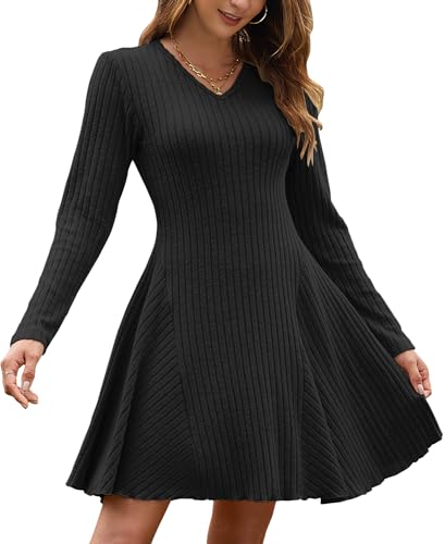 AUSELILY Herbstkleid Damen Leichte Strickkleid A Linie Langarm Kleid Herbst V Ausschnitt Winterkleid Elegant Pulloverkleid Schwarz 2XL von AUSELILY