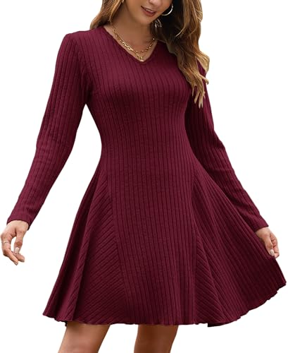 AUSELILY Strickkleid Damen Herbst Leichte Langarm Kleider A Linie Pulloverkleid V Ausschnitt Winterkleid Elegant Weinrot 2XL von AUSELILY