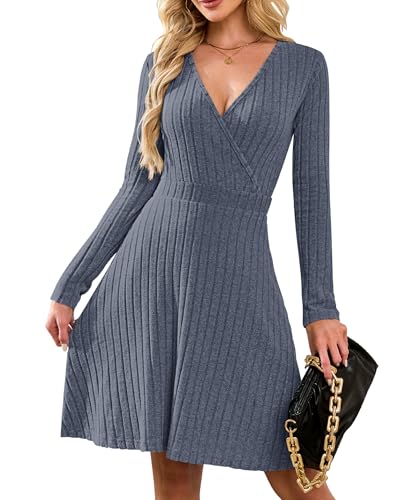 AUSELILY Strickkleid Damen Herbst Leichte Langarm V-Ausschnitt Winterkleid A Linie Elegant Herbstkleid Knielang Kleid Midi Pulloverkleid Tunikakleid Grau Blau XL von AUSELILY