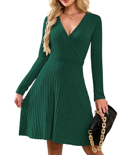 AUSELILY Strickkleid Damen Herbst Leichte Langarm V-Ausschnitt Winterkleid A Linie Elegant Herbstkleid Knielang Kleid Midi Pulloverkleid Tunikakleid Grün S von AUSELILY