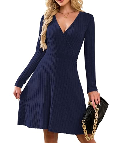 AUSELILY Strickkleid Damen Herbst Leichte Langarm V-Ausschnitt Winterkleid A Linie Elegant Herbstkleid Knielang Kleid Midi Pulloverkleid Tunikakleid Marineblau S von AUSELILY