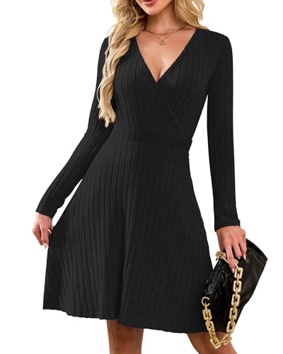 AUSELILY Strickkleid Damen Herbst Leichte Langarm V-Ausschnitt Winterkleid A Linie Elegant Herbstkleid Knielang Kleid Midi Pulloverkleid Tunikakleid Schwarz 2XL von AUSELILY