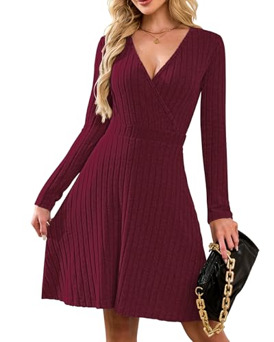 AUSELILY Strickkleid Damen Herbst Leichte Langarm V-Ausschnitt Winterkleid A Linie Elegant Herbstkleid Knielang Kleid Midi Pulloverkleid Tunikakleid Weinrot 2XL von AUSELILY