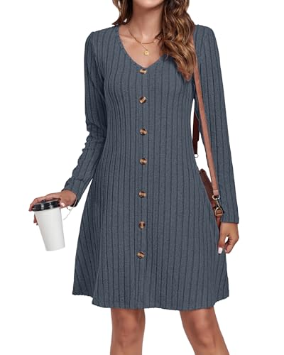 AUSELILY Strickkleid Damen Herbst Winter Dekorative KnöPfe Leichte Langarm Kleid V-Ausschnitt A Linien Pulloverkleid Herbstkleid Winterkleid Elegant Dunkelblau 2XL AUSELILY Strickkleid Damen Herbst Winter Dekorative KnöPfe Leichte Langarm Kleid V-Ausschnitt A Linien Pulloverkleid Herbstkleid Winterkleid Elegant Dunkelblau 2XL von AUSELILY