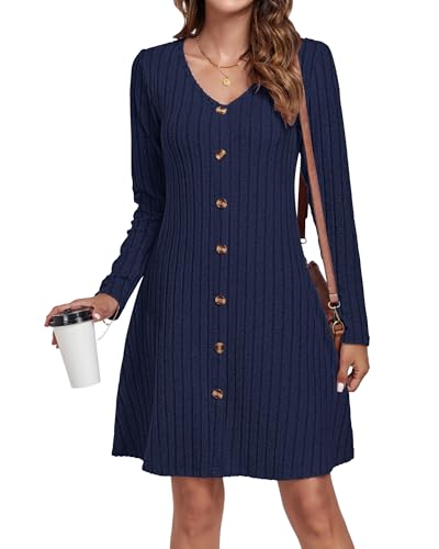 AUSELILY Strickkleid Damen Herbst Winter Dekorative KnöPfe Leichte Langarm Kleid V-Ausschnitt A Linien Pulloverkleid Herbstkleid Winterkleid Elegant Marineblau 2XL von AUSELILY