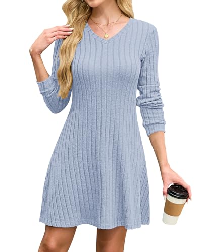 AUSELILY Strickkleid Damen Langarmkleid Pulloverkleid V Ausschnitt Herbst Kleider Elegant Casual Mini Winterkleid Blau L von AUSELILY