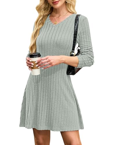 AUSELILY Strickkleid Damen Langarmkleid Pulloverkleid V Ausschnitt Herbst Kleider Elegant Casual Mini Winterkleid Olivgrün M von AUSELILY