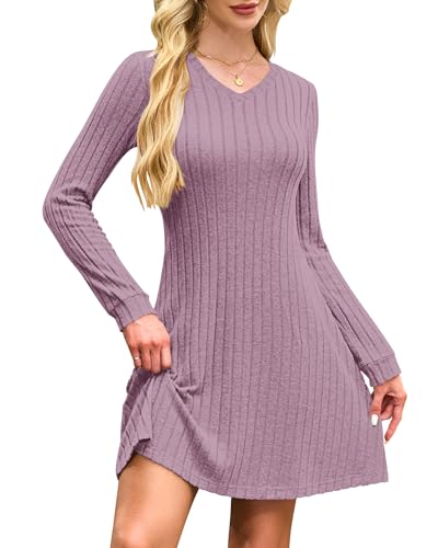 AUSELILY Strickkleid Damen Langarmkleid Pulloverkleid V Ausschnitt Herbst Kleider Elegant Casual Mini Winterkleid Rot Rosa XL von AUSELILY