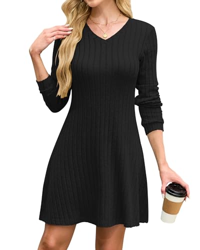 AUSELILY Strickkleid Damen Langarmkleid Pulloverkleid V Ausschnitt Herbst Kleider Elegant Casual Mini Winterkleid Schwarz S von AUSELILY
