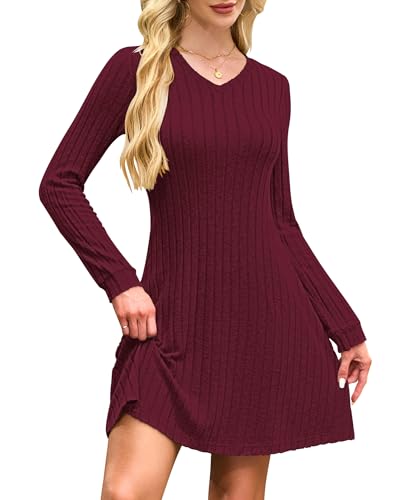 AUSELILY Strickkleid Damen Langarmkleid Pulloverkleid V Ausschnitt Herbst Kleider Elegant Casual Mini Winterkleid Weinrot 2XL von AUSELILY