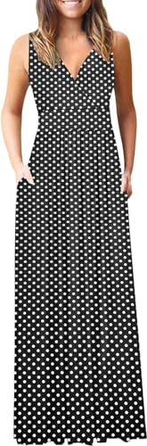 AUSELILY Maxikleid Damen Sommer ärmellos Kleid Lang Casual tiefem V-Ausschnitt Sommerkleid mit Taschen Schwarze Punkte 2XL von AUSELILY