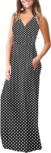 AUSELILY Maxikleid Damen Sommer ärmellos Kleid Lang Casual tiefem V-Ausschnitt Sommerkleid mit Taschen Schwarze Punkte 3XL von AUSELILY