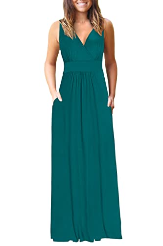 AUSELILY Maxikleid Damen Sommer Ärmellos Kleid Lang Elegant tiefem V-Ausschnitt Abendkleid mit Taschen Dunkelgrün 2XL von AUSELILY