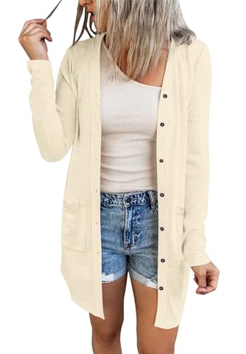 AUSELILY Weiß Damen Casual Strickjacke Langarm Leichte Mittellange Cardigan Herbst Strickmantel mit Taschen Aprikose L von AUSELILY