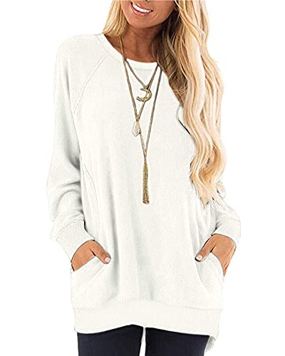 AUSELILY Langarmshirts für Damen Pullover Herbst Rundhals Sweatshirts Lässige Oberteile Damen mit Taschen White S von AUSELILY