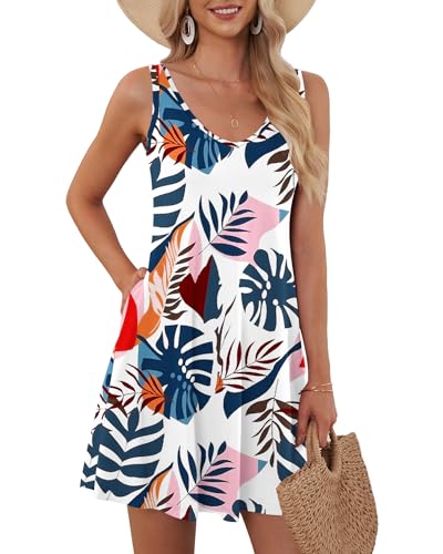 AUSELILY Sommerkleid Damen Ärmellose Strandkleid Leicht Swing Kleid V Ausschnitt Mini Kleid mit Taschen 04 Blauer Wegerich L von AUSELILY
