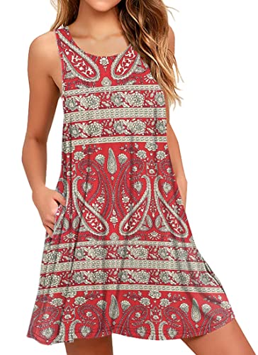 Boho Kleid Damen Kurz Urlaub Midi Ärmellos Swing Sommerkleid Mit Taschen（Boho Rot,2XL von AUSELILY