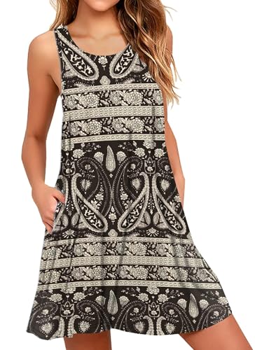 AUSELILY Boho Kleid Damen Kurz Urlaub Midi Ärmellos Swing Sommerkleid Mit Taschen Boho Schwarz,S von AUSELILY