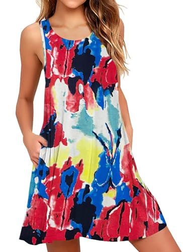 Boho Kleid Damen Kurz Urlaub Midi Ärmellos Swing Sommerkleid Mit Taschen（Bunt,2XL von AUSELILY