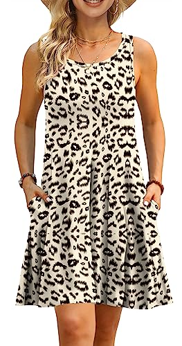 Boho Kleid Damen Kurz Urlaub Midi Ärmellos Swing Sommerkleid Mit Taschen（Leopard,L von AUSELILY