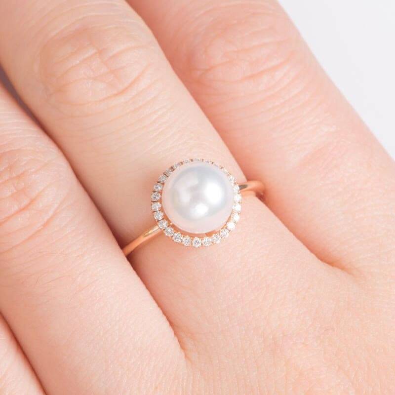 8 Mm Perle Verlobungsring Rose Gold Rundschnitt Natürliche Akoya Halo Diamant Ehering Frauen Jahrestag Geschenk Juni Birthstone Ring von AUSGEMSCo
