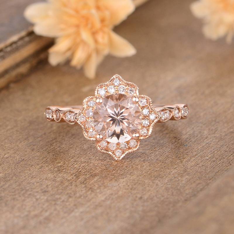Art Deco Morganit Verlobungsring Rosegold Rundschnitt Pfirsich Diamant Halo Mligrain Blumenblumen Antik Ring Braut Frauen Ehering von AUSGEMSCo