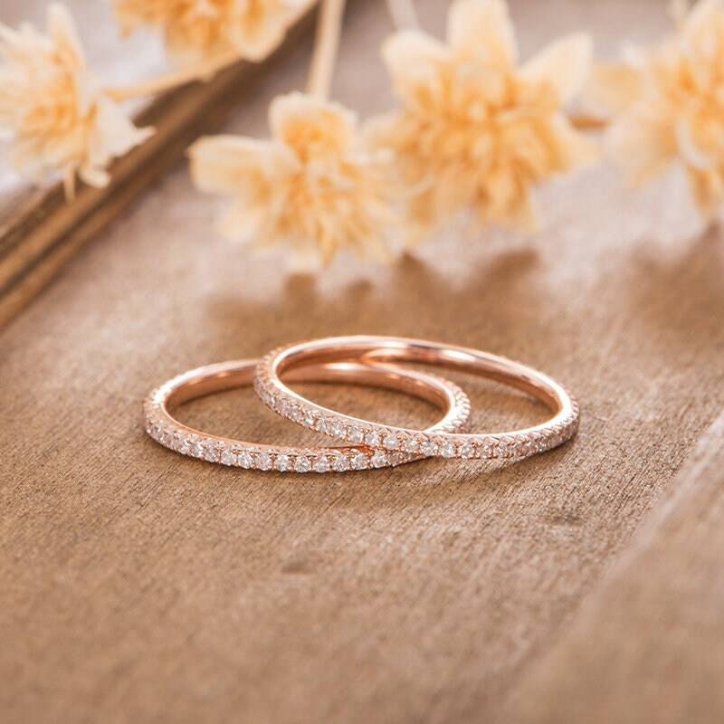 Eternity Diamant Ehering Set Frauen Rose Gold Ring Zarte Minimalist Braut Zierliche Stapeln Passenden Versprechen 2Stk von AUSGEMSCo
