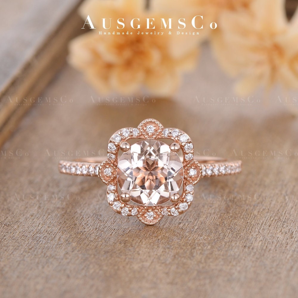 Floral Morganit Verlobungsring Rose Gold Diamant Halo Ehering Runder Pfirsich Brautring Antike Blume Halbe Ewigkeit von AUSGEMSCo