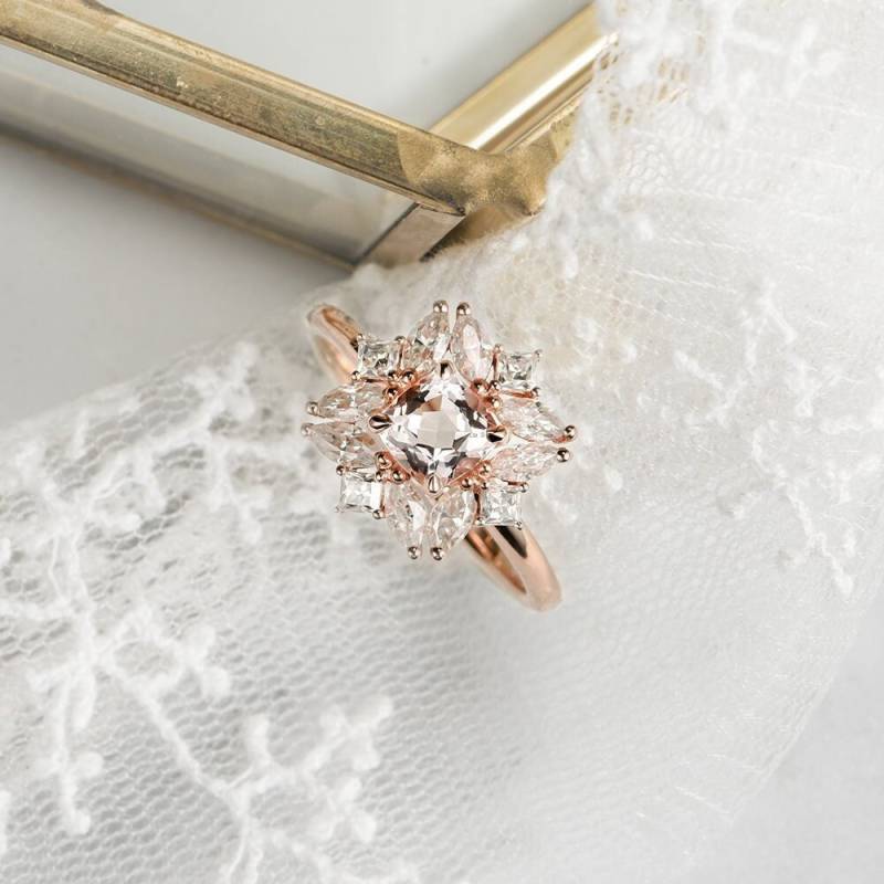Morganit Verlobungsring Kissenschliff Rose Gold Halo Moissanite Multi Geformt Versprechen Frauen Ehering Antik Jahrestag Geschenk Einzigartig von AUSGEMSCo