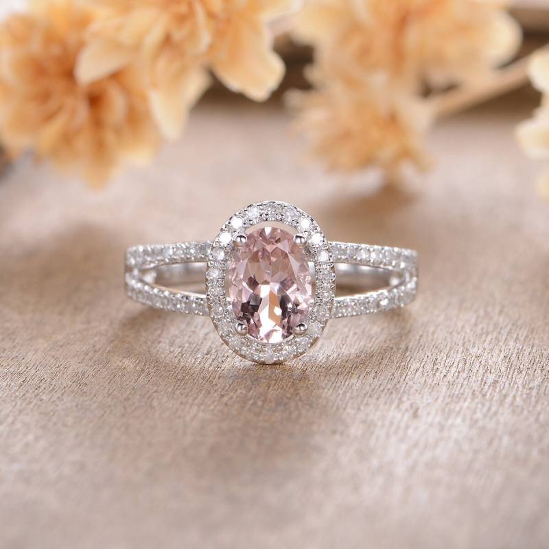 Morganit Verlobungsring Ovalschliff Halo Diamant Split Schaft Weißgold Braut Frauen Hochzeit Ring Käfig Halbe Ewigkeit Jahrestag Geschenk von AUSGEMSCo