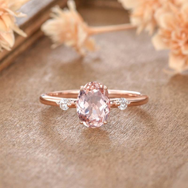 Morganit Verlobungsring Roségold Ovalschliff Ring Diamant Drei Stein Ehering 3 Minimalist Versprechen Frauen Jahrestag Geschenk Für Sie von AUSGEMSCo