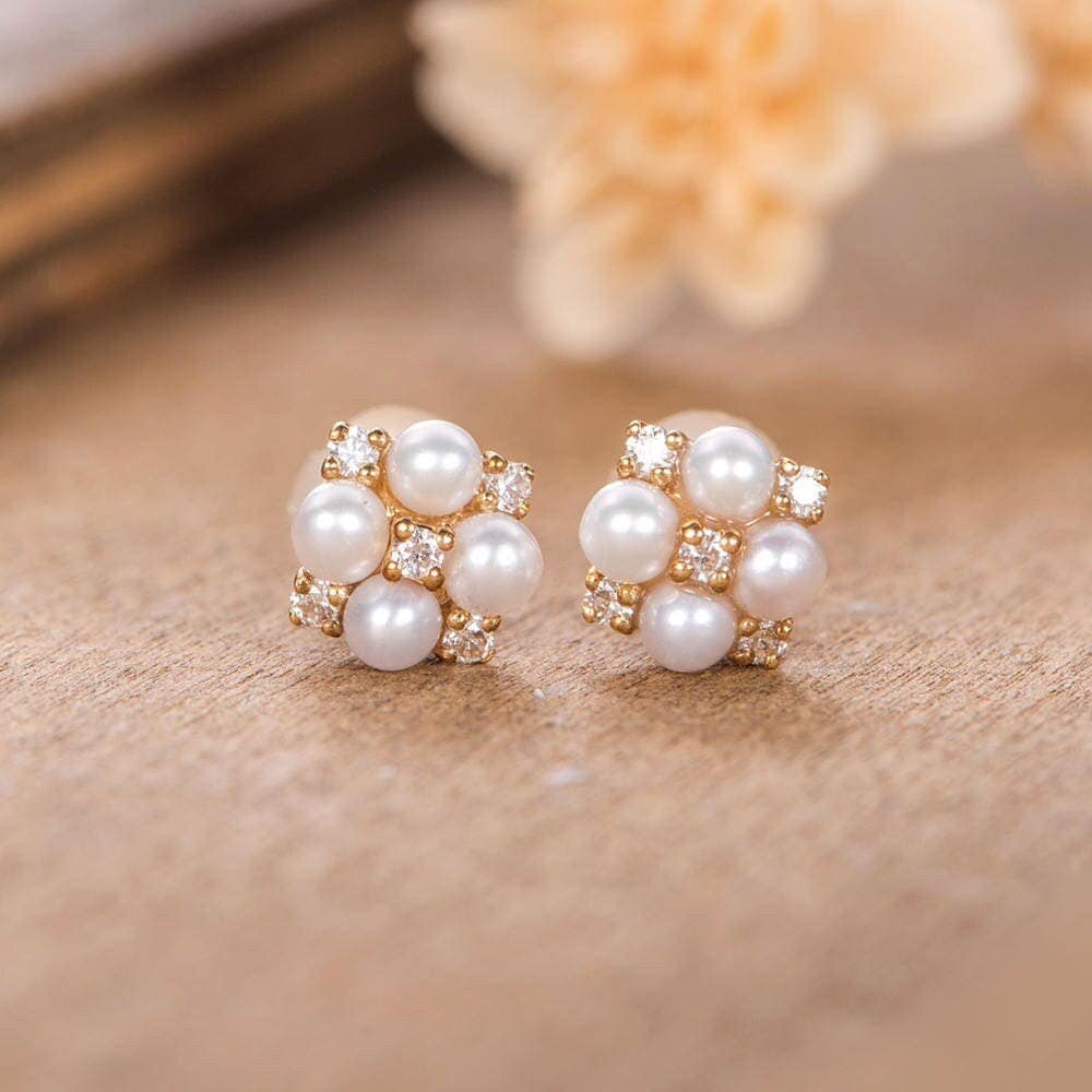 Natürliche Perle Ohrringe Diamant Ohrstecker Juni Birthstone Einzigartige Halo Gelb Gold Cluster Braut Hochzeit Jahrestag Geschenk Für Sie von AUSGEMSCo