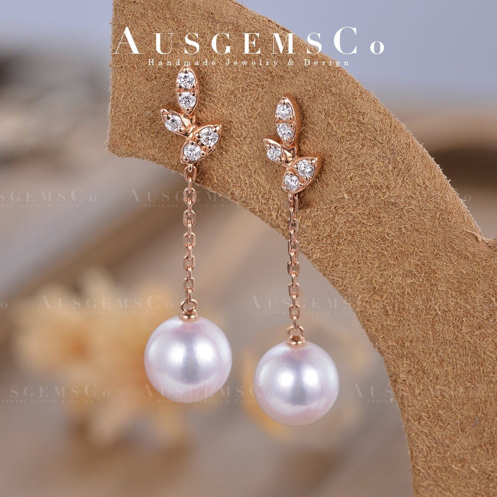 Niedliche Blattförmige Perle Rosegold Ohrringe Naturperle Diamant Ohrstecker Vintage Zierliche Blatt Ohrhänger Alltägliche Schmuck Geschenk von AUSGEMSCo