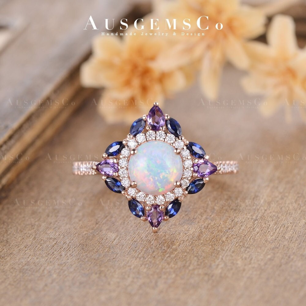 Opal Verlobungsring Floral Rose Gold Doppel Halo Diamant Halbe Eternity Marquise Pear Cut Amethyst Saphir Geburtsstein Ring von AUSGEMSCo