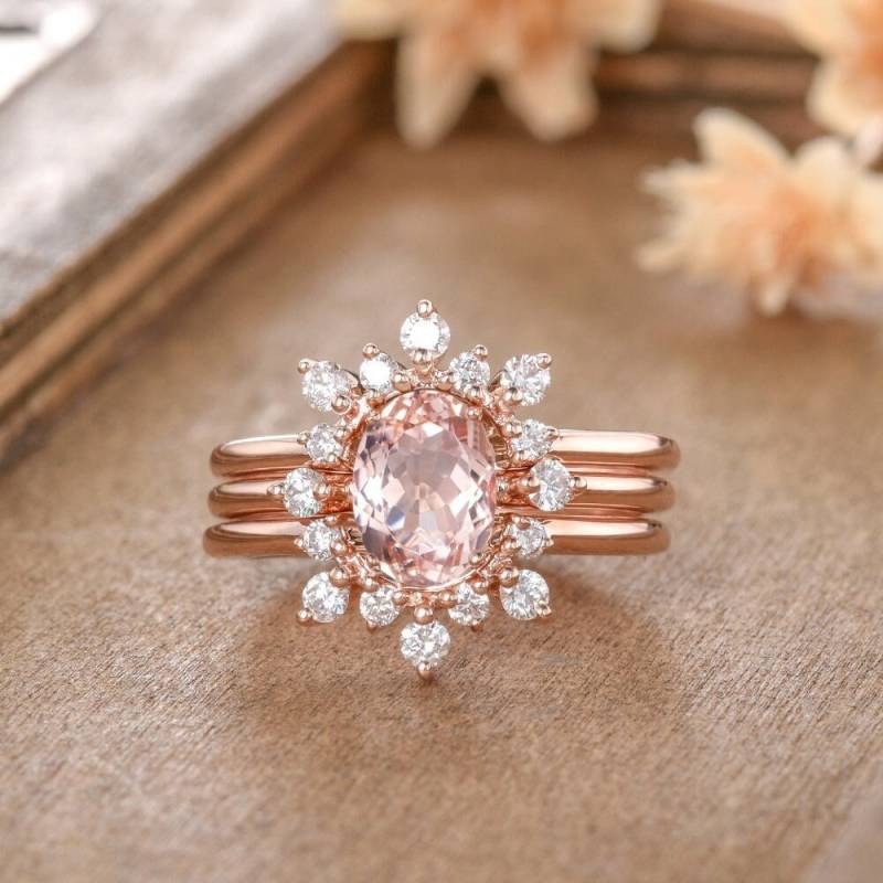Ovalschliff Morganit Verlobungsring Rose Gold Braut Set Drei Ring Diamant 3 Stein Halo Curved Guard Stacking Wedding Versprechen 3Stk von AUSGEMSCo
