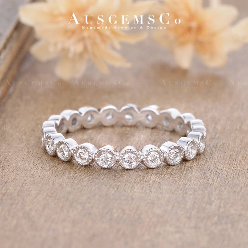 Weißgold Lünette Set Diamant Eternity Wedding Band Braut Ehering Zarte Zierliche Stapeln Passende Jahrestag Geschenk Für Ihre Ewigkeit von AUSGEMSCo