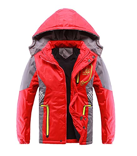 AUSOWELL Jungen Daunenjacke Kinder Winterjacke mit Kapuze Verdickte Jacke Winddicht Wanderjacke Outdoor Winter Herbst Frühling, Rot,150 von AUSOWELL