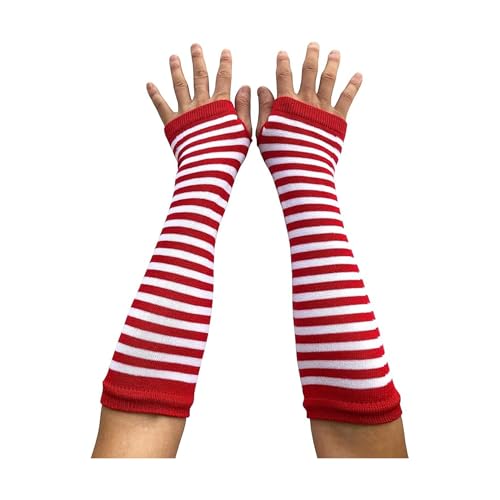 AUSUAYA Armstulpen mit gestreiften, langen Handschuhen mit Fingerless für Cosplay & Goth Weihnachtsparty DE-S-G5 (Rot und Weiß gestreift, Eine Größe) von AUSUAYA