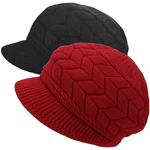 AUSUAYA Damen Wollmütze mit warmen Fleece gefüttert, Strickmütze mit Visier für Schnee Ski kaltes Wetter Winter WS-H1 (2er-Set - Schwarz und Burgunderrot) von AUSUAYA