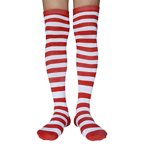 AUSUAYA Gestreifte Oberschenkelhohe Socken für Damen, Baumwolle, Überknie, Schlauch, langer Strümpfe, Beinwärmer für Halloween, Cosplay, Gothic, GB-LW-3, Rot und Weiß gestreift - Hot Christmas, von AUSUAYA