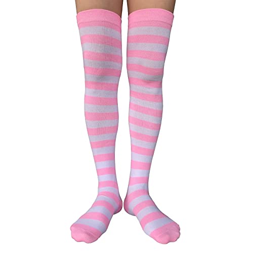 AUSUAYA Frauen Gestreifte Overknee-Strümpfe, Baumwolle Oberschenkel Hohe Röhre Lange Bestände Für Cosplay/Goth/Weihnachtsfeier GB-LW-3, Weiß und Rosa gestreift, One size von AUSUAYA