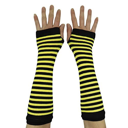 AUSUAYA Frauen gestreifte lange fingerlose warme Handschuhe Winter Armstulpen für Punk Rock Cosplay Goth Party WM-S-G5, Gelb und Schwarz gestreift / Biene gestreift, One size von AUSUAYA