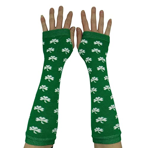 AUSUAYA Gestreifte Handschuhe, lang, fingerlos, gestrickte Armstulpen für den Winter, für Punk, Rock und Cosplay, Gothic, Halloween-Party, GB-WM-S-G5, Grüne Blätter, One size von AUSUAYA