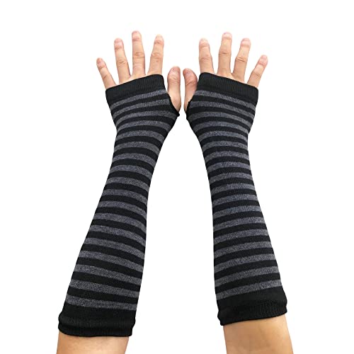 AUSUAYA Frauen gestreifte lange fingerlose warme Handschuhe Winter Armstulpen für Punk Rock Cosplay Goth Party WM-S-G5, Schwarz und Dunkelgrau gestreift, One size von AUSUAYA