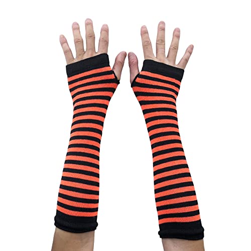 AUSUAYA Gestreifte Handschuhe, lang, fingerlos, gestrickte Armstulpen für den Winter, für Punk, Rock und Cosplay, Gothic, Halloween-Party, GB-WM-S-G5, Schwarz und Orange gestreift, One size von AUSUAYA