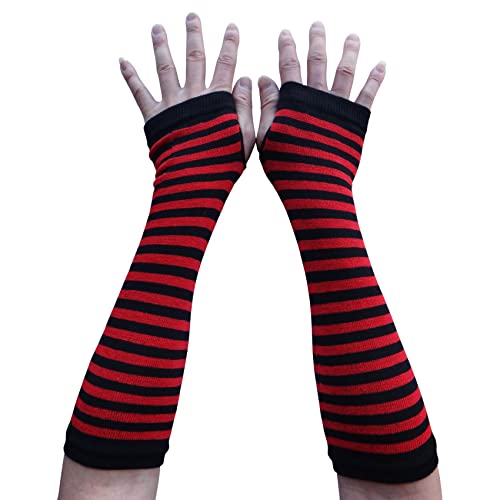 AUSUAYA WM-S-G5 Damen-Handschuhe, gestreift, lang, fingerlos, warm, Winter, Armstulpen für Punk-Rock/Cosplay/Gothic-Party, Karminrot und schwarz gestreift, One size von AUSUAYA